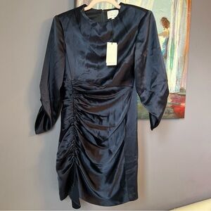 Cinq a Sept Sz 6 Navy Blue Smooth Satin Natalia Mini Dress 3/4 Sleeve NWT $425